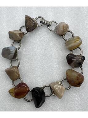 Vintage 7” Natural Polished Tumbled Stones Link Bracelet Silver Tone